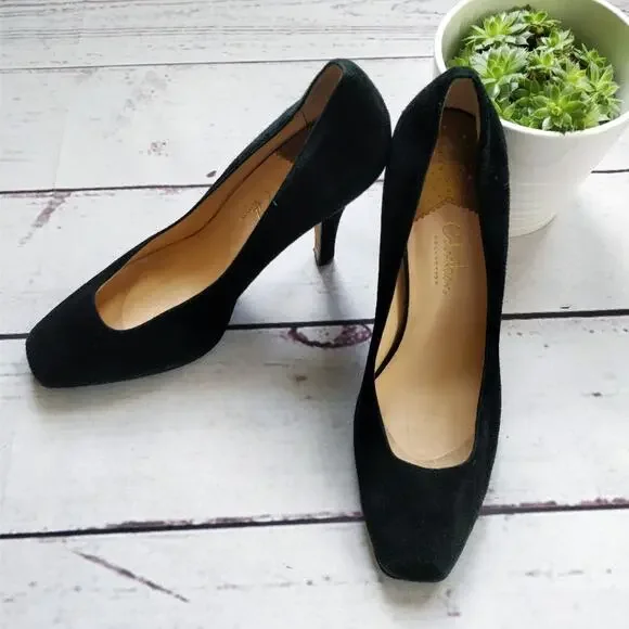 COLE HAAN Nike Air Carma Black Suede Pumps High Heel Square Toe Platform 9.5 - Picture 1 of 7